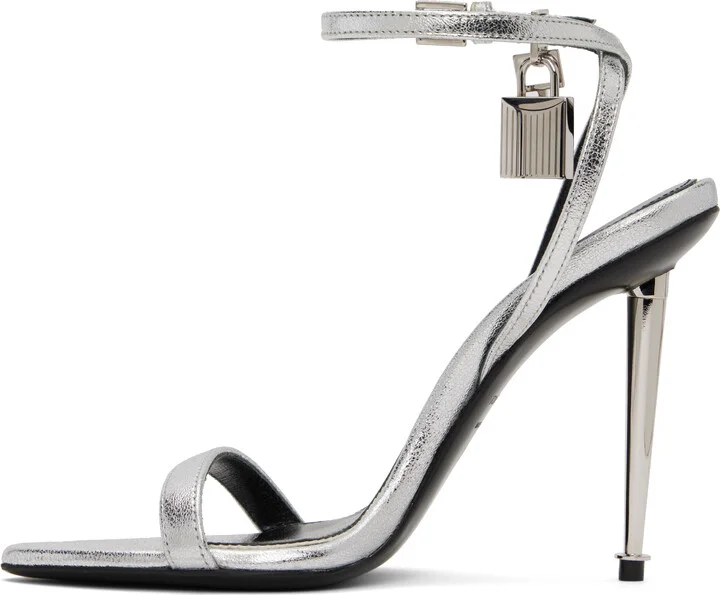 TOM FORD Silver Padlock Pointy Naked Heeled Sandals - Image 3