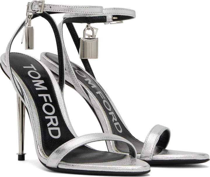 TOM FORD Silver Padlock Pointy Naked Heeled Sandals - Image 4