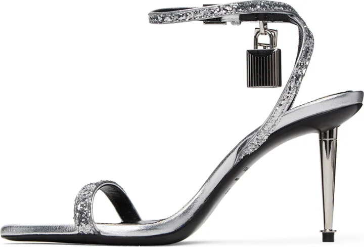 TOM FORD Silver Padlock Pointy Naked Heeled Sandals - Image 3