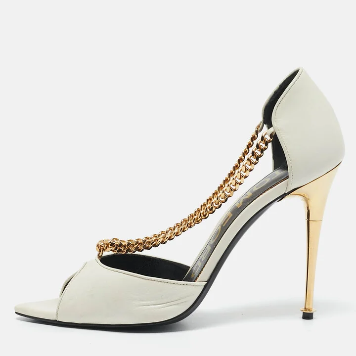 Tom Ford White Leather Chain Detail Open Toe Pumps Size 38