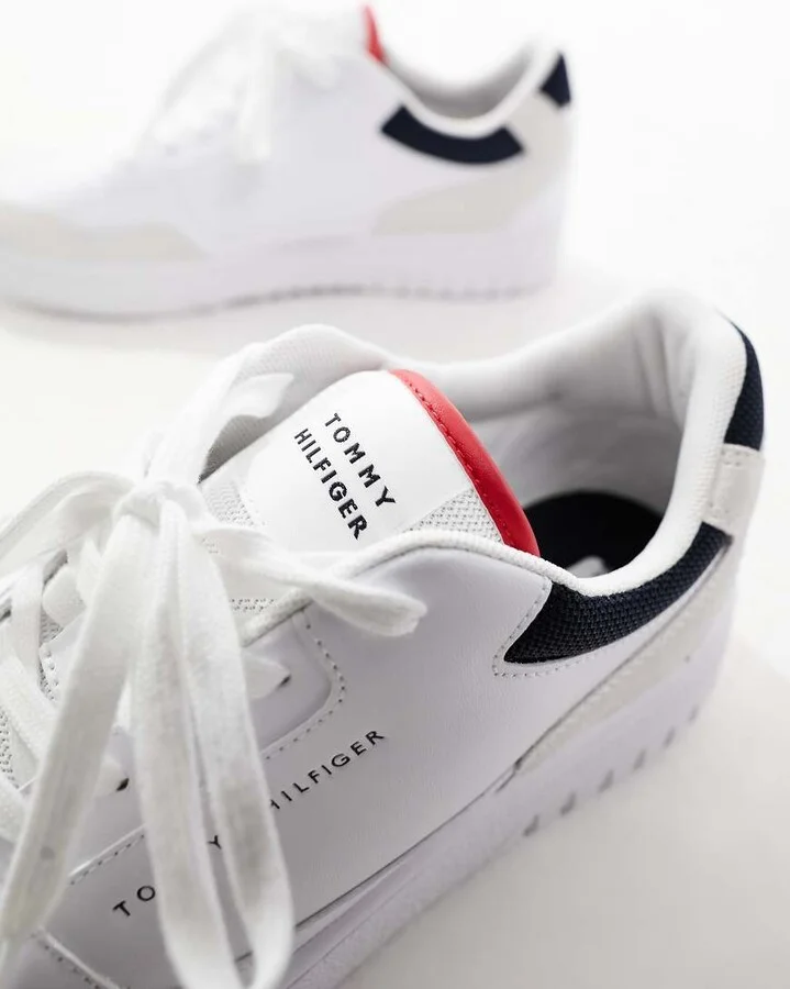 Tommy Hilfiger basket leather mixed media essential sneakers in white - Image 3