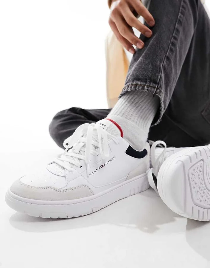 Tommy Hilfiger basket leather mixed media essential sneakers in white