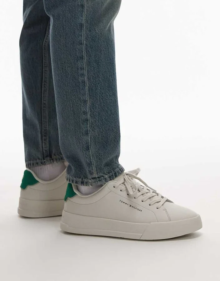 Tommy Hilfiger leather court sneakers in off white and green