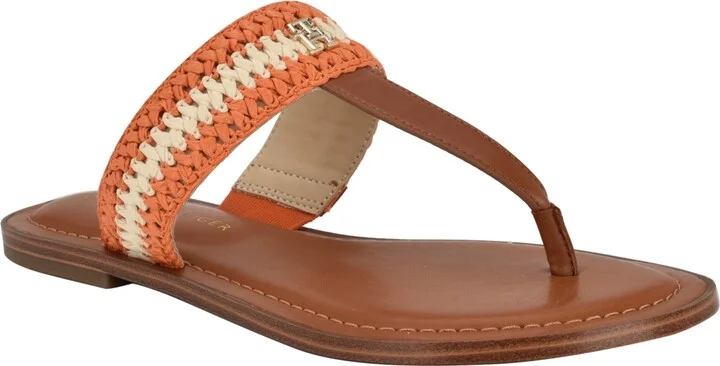 Tommy Hilfiger Women's Gojia Braided T-Strap Slip-On Flat Sandals - Orange/Cream