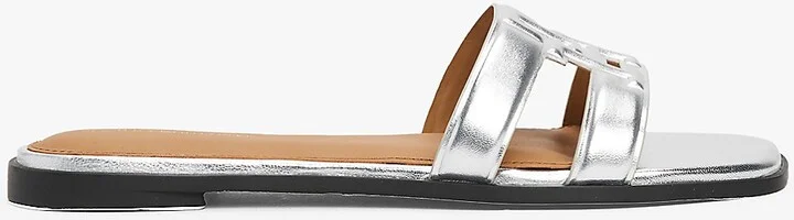 Tommy Hilfiger Women's Metallic Leather TH Monogram Sandal - Grey - US 6 / EU 36