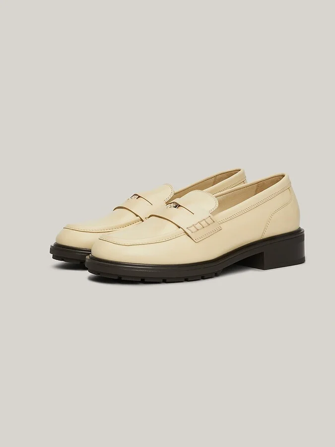 Tommy Hilfiger Women's TH Logo Leather Penny Loafer - Beige - US 6 / EU 36
