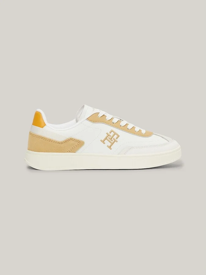 Tommy Hilfiger Women's TH Logo Mixed Texture Sneaker - Beige - US 6 / EU 36