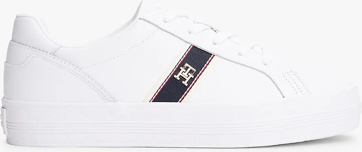 Tommy Hilfiger Women's Webbed Logo Vulcanized Leather Sneaker - White - US 6 / EU 36