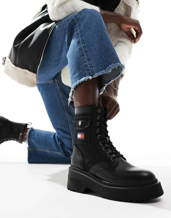 Tommy Jeans chunky combat lace boots in black