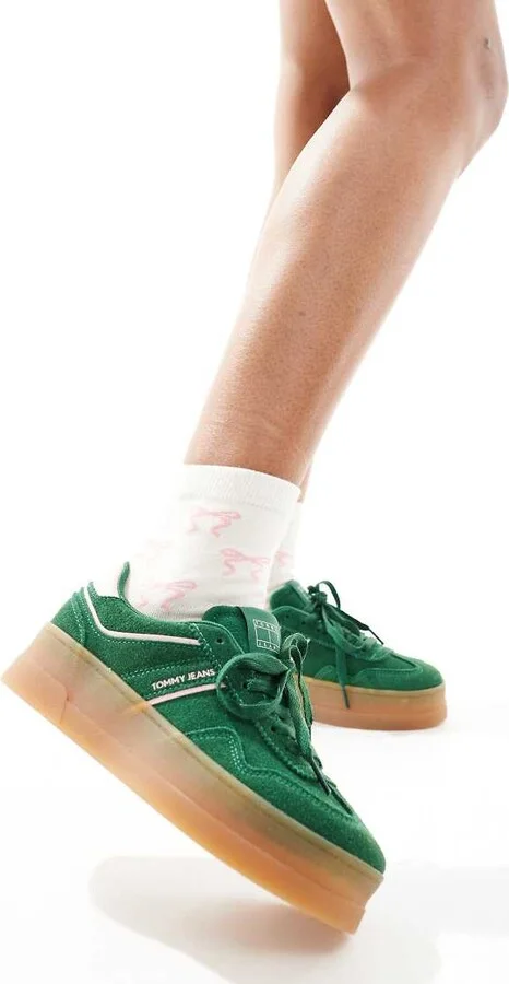 Tommy Jeans greenwich flatform sneakers with gum sole in green and pink