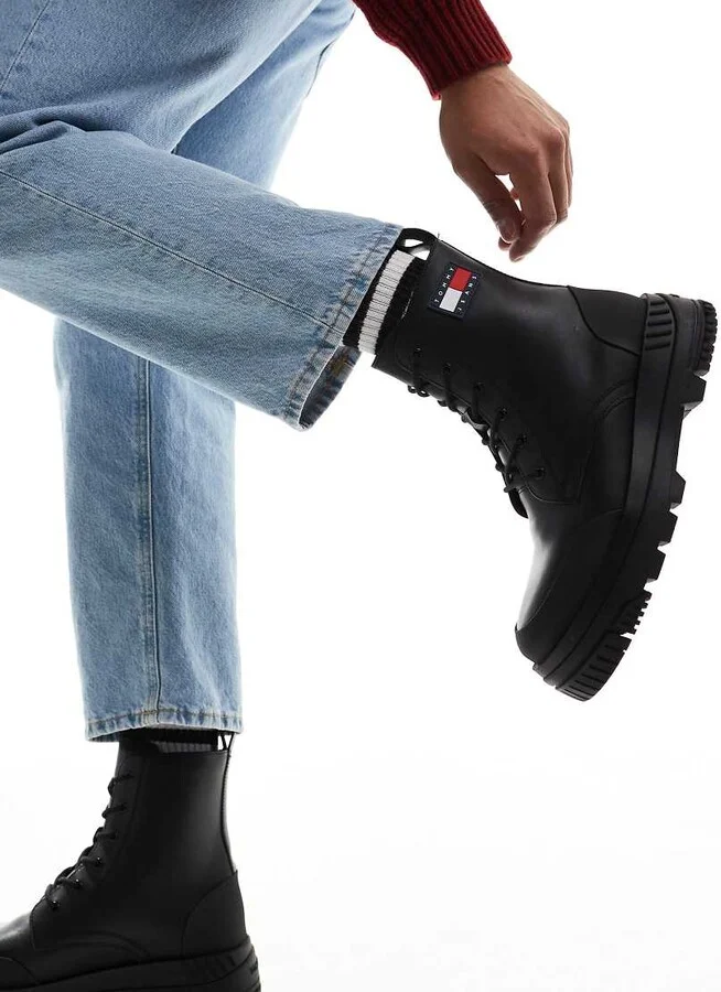 Tommy Jeans lace up chunky leather boots in black