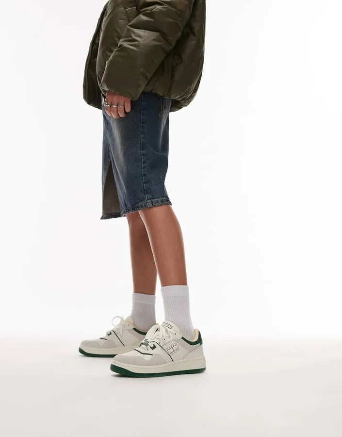 Tommy Jeans retro basket sneakers in white and green