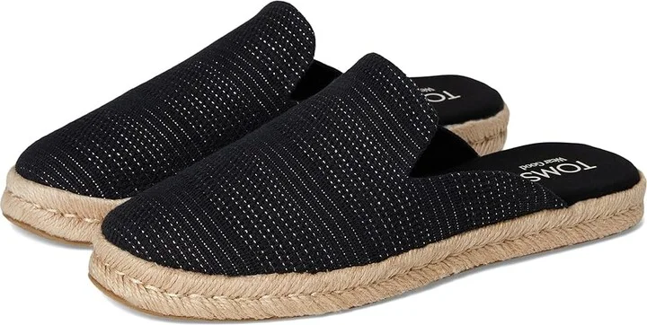TOMS Santiago Mule Women's Flat Shoes Black Metallic Linen Stripe : 9 B - Medium, Suede