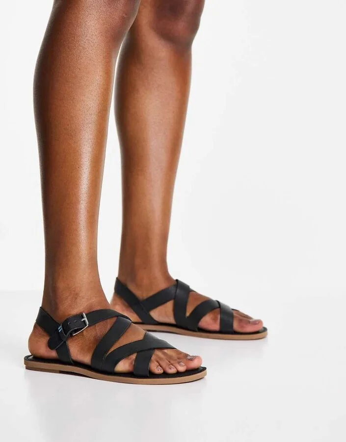 TOMS Sicily leather strappy flat sandals in black