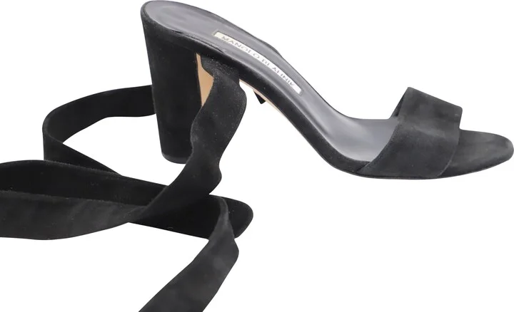 Tondala Ankle Wrap Heels in Black Suede