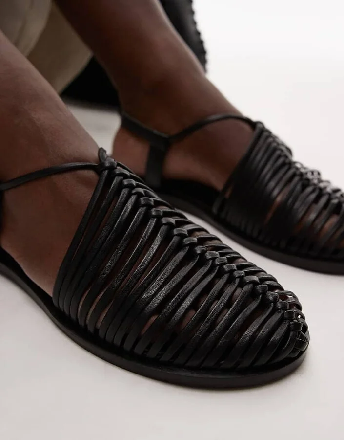 Topshop Aidan leather weave tie up flat shoes in black - Image 2