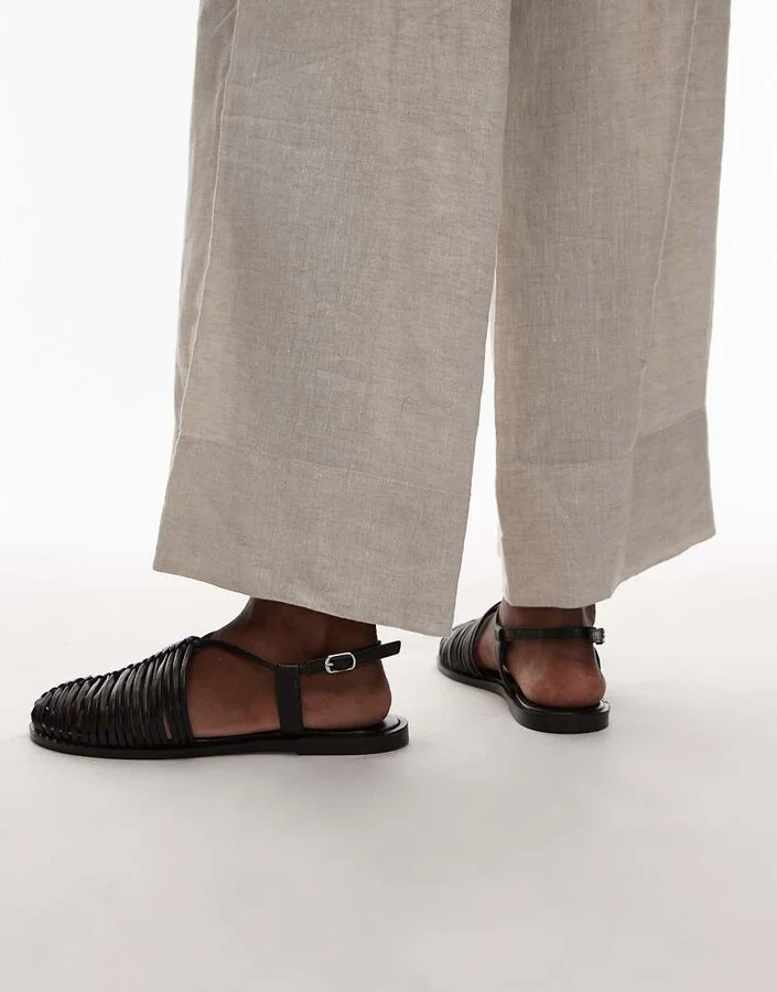Topshop Aidan leather weave tie up flat shoes in black - Image 4
