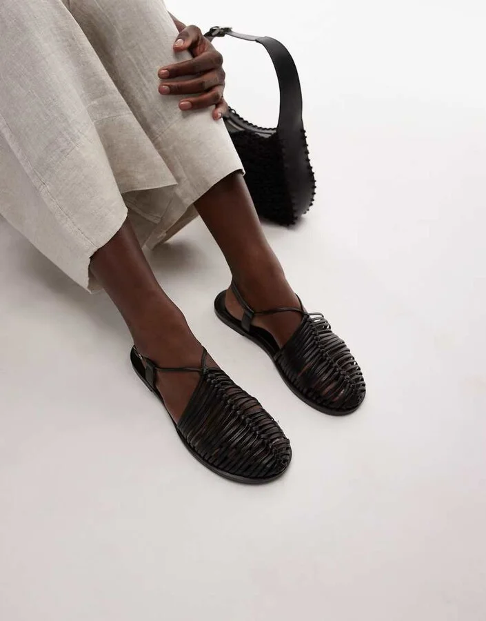 Topshop Aidan leather weave tie up flat shoes in black