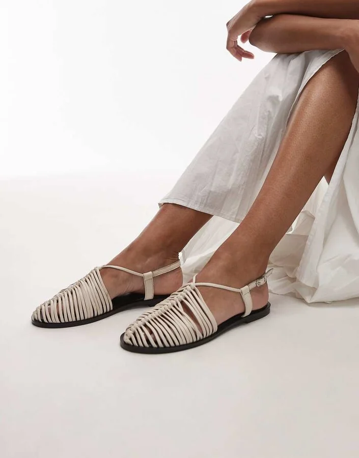 Topshop Aidan leather weave tie up flat shoes in off white - Image 2