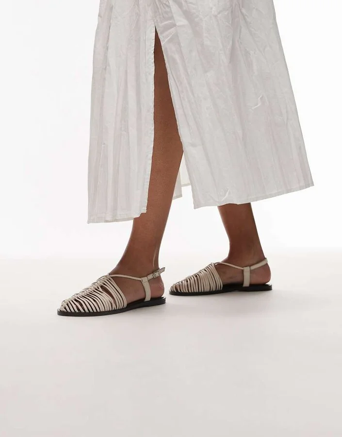 Topshop Aidan leather weave tie up flat shoes in off white - Image 4