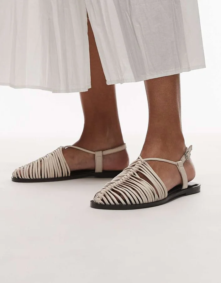 Topshop Aidan leather weave tie up flat shoes in off white