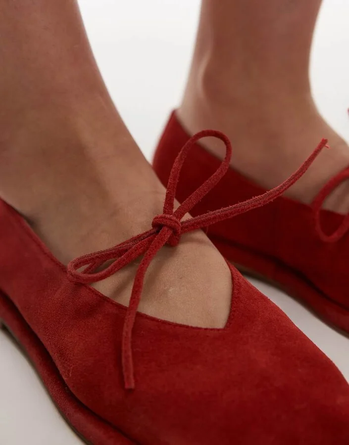 Topshop Alaia suede ballet with tie in red - Image 2
