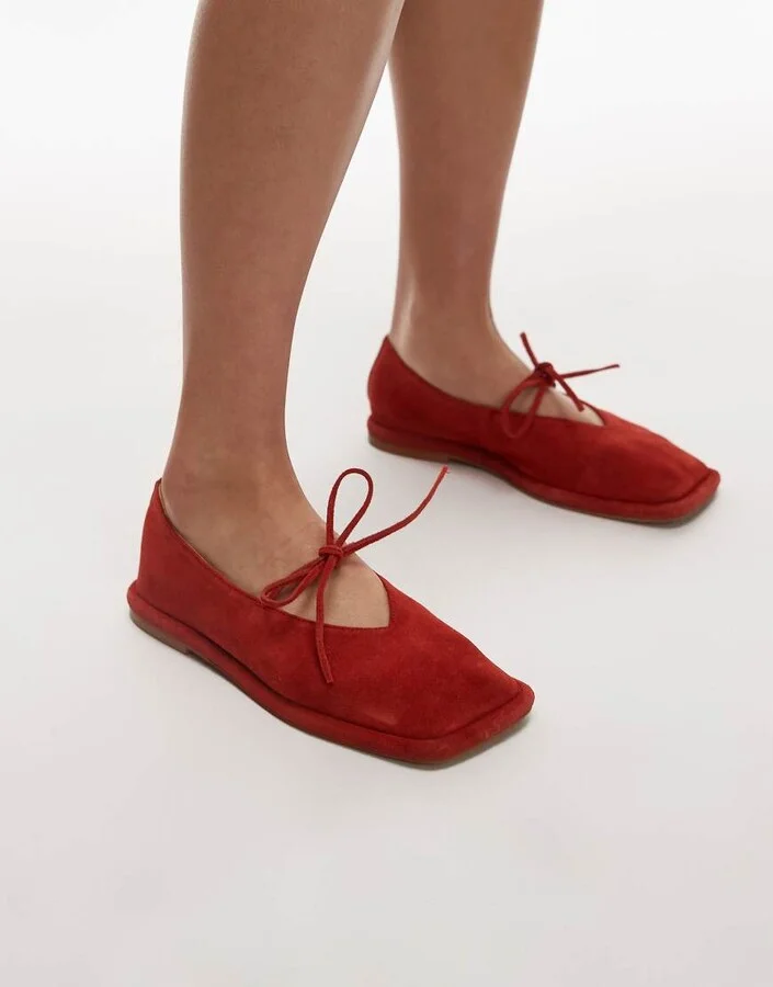 Topshop Alaia suede ballet with tie in red - Image 3