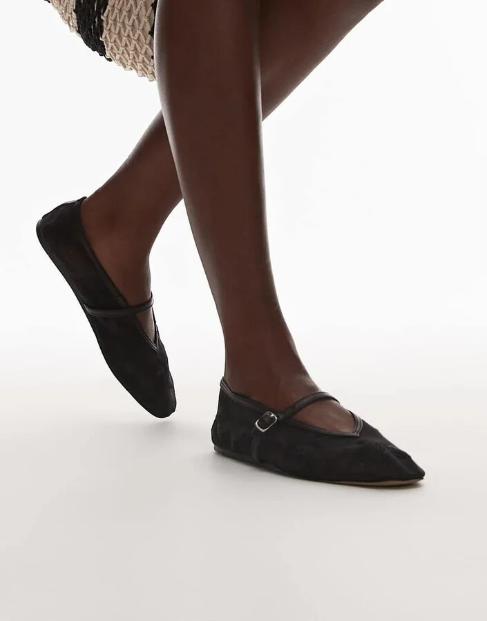 Topshop Alex embroidered flower ballet flats in black