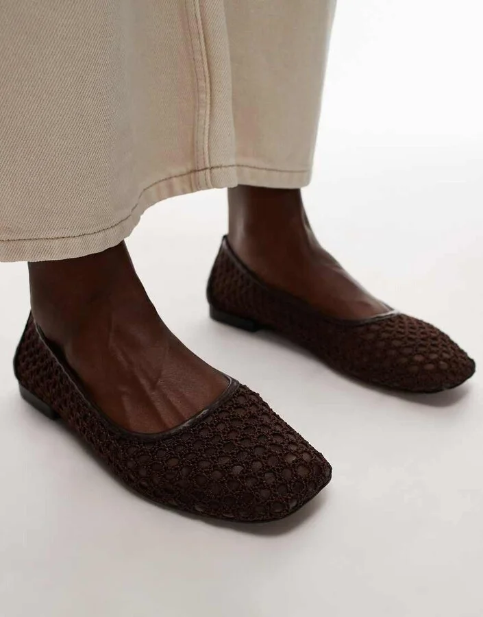 Topshop Amara crochet mesh ballet in chocolate