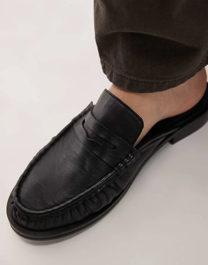 Topshop Anna leather flat shoe mules in black - Image 4