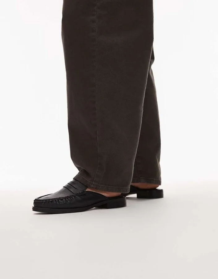 Topshop Anna leather flat shoe mules in black