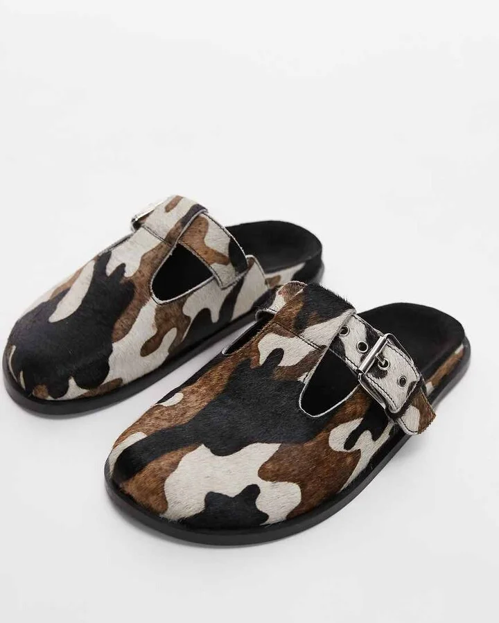Topshop Annie leather buckle clogs in cow pony - Image 3