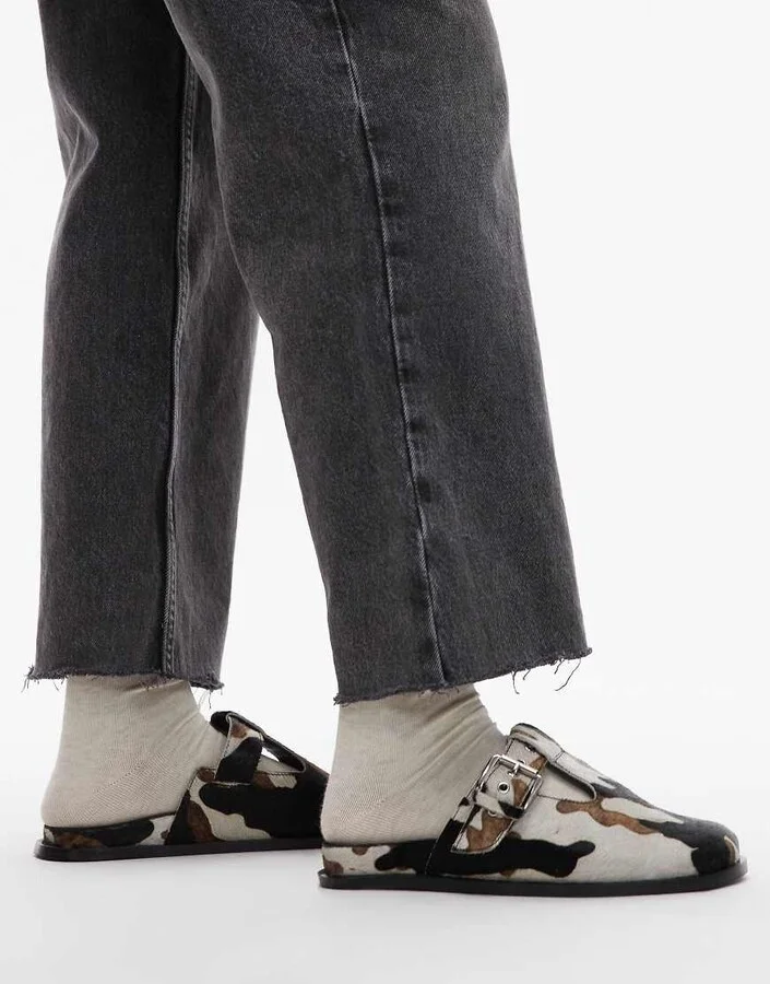 Topshop Annie leather buckle clogs in cow pony - Image 4