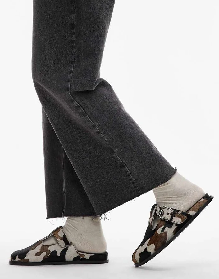 Topshop Annie leather buckle clogs in cow pony