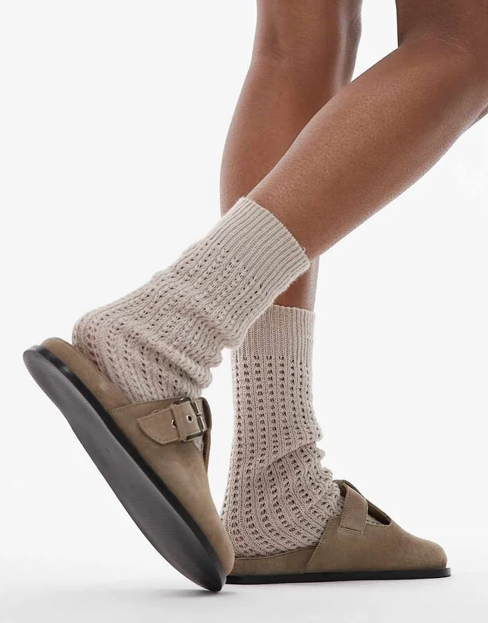Topshop Annie leather buckle clogs in taupe suede - Image 2