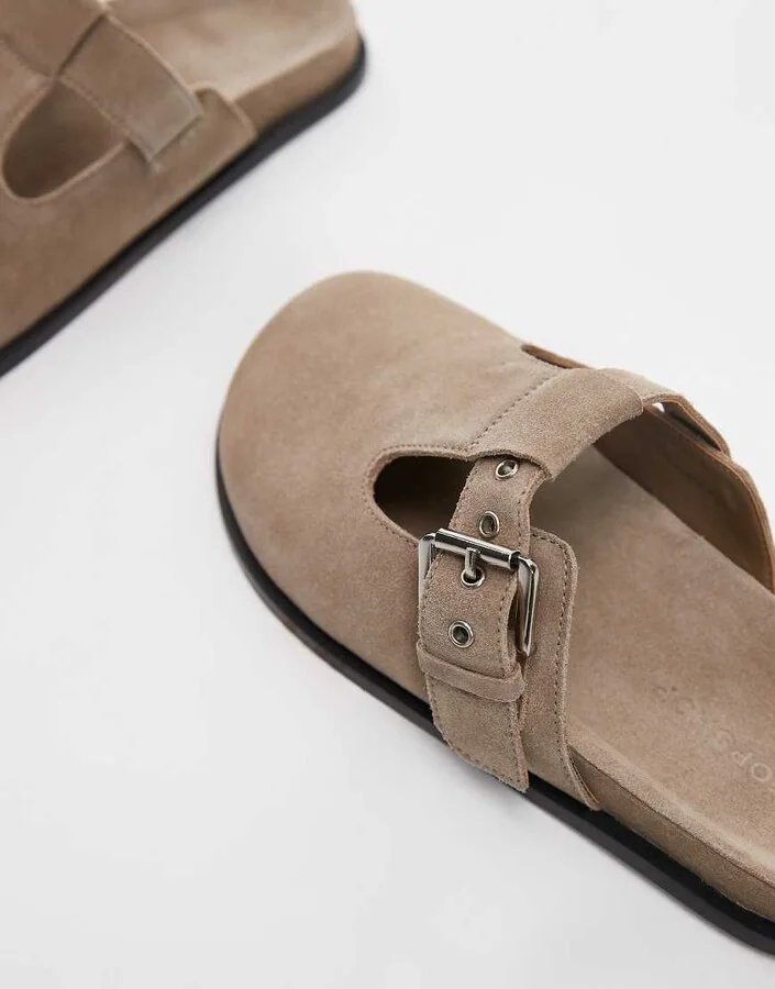 Topshop Annie leather buckle clogs in taupe suede - Image 3