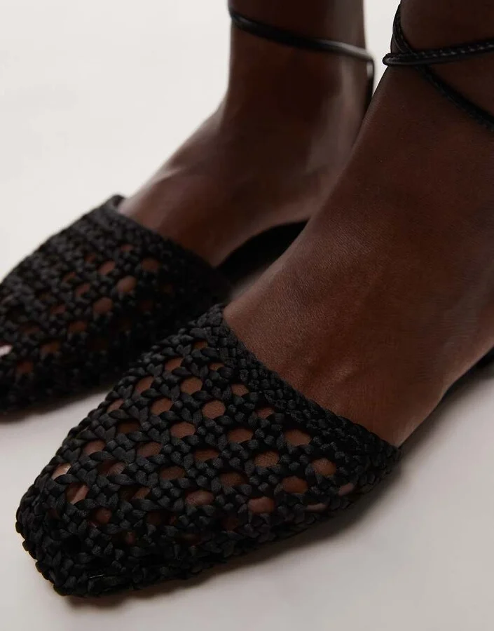 Topshop Arri woven tie up flat shoes in black - Image 3