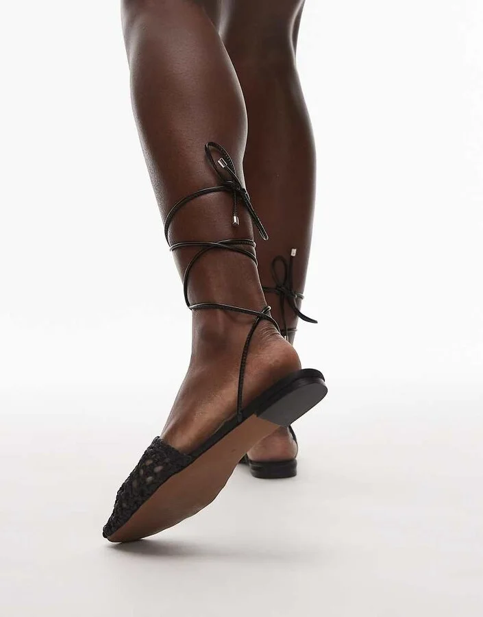 Topshop Arri woven tie up flat shoes in black - Image 4