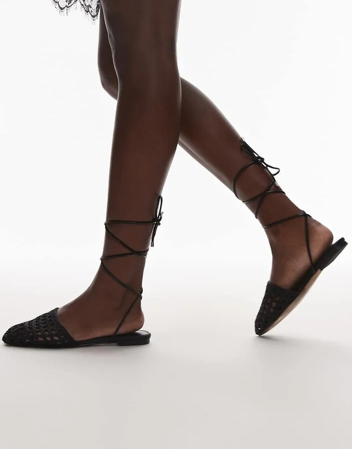 Topshop Arri woven tie up flat shoes in black