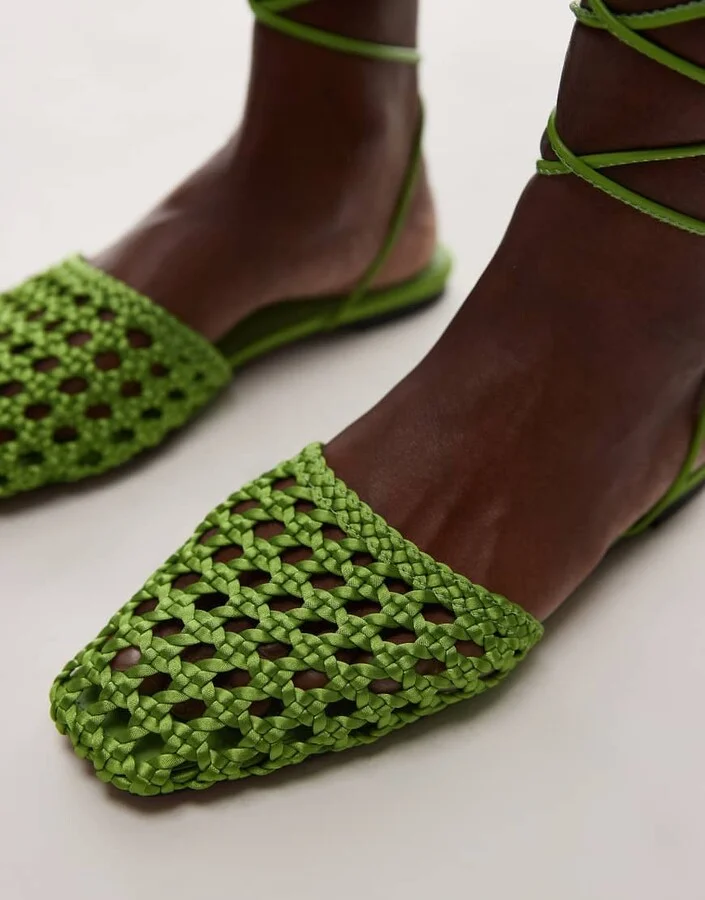 Topshop Arri woven tie up flat shoes in green - Image 2