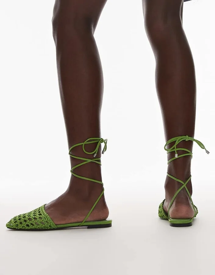 Topshop Arri woven tie up flat shoes in green - Image 3