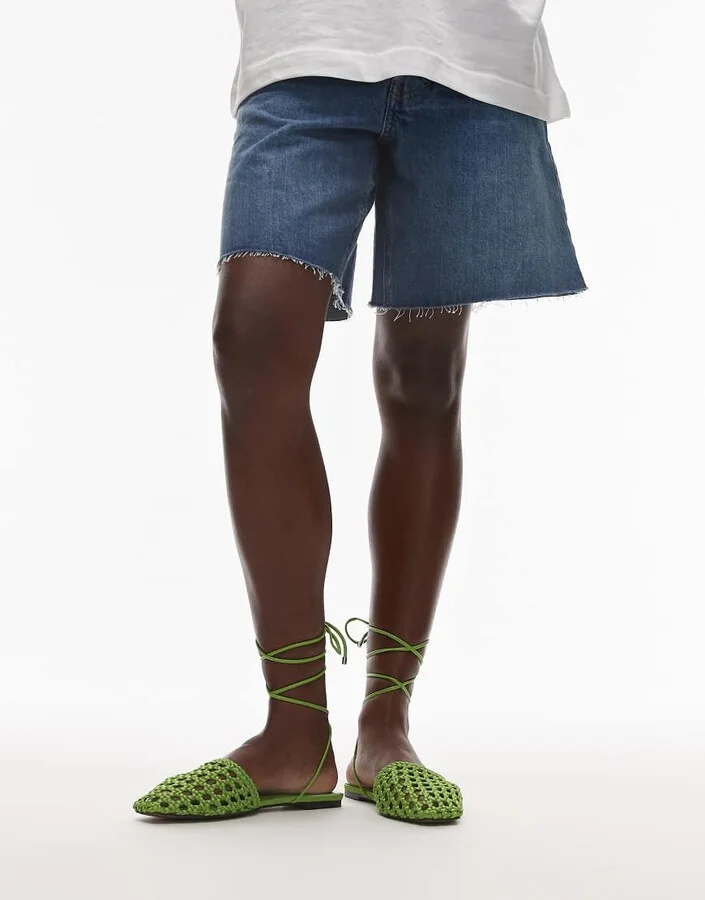 Topshop Arri woven tie up flat shoes in green - Image 4