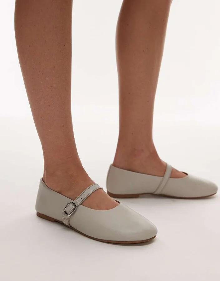 Topshop Ash leather ruched ballet flat shoes with buckle in off