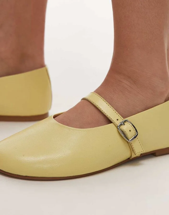 Topshop Ash real leather ruched ballet flat shoes with buckle in pale yellow - Image 2