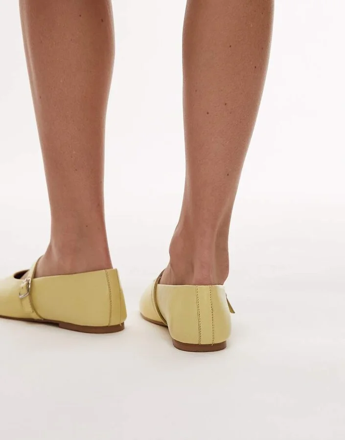 Topshop Ash real leather ruched ballet flat shoes with buckle in pale yellow - Image 3