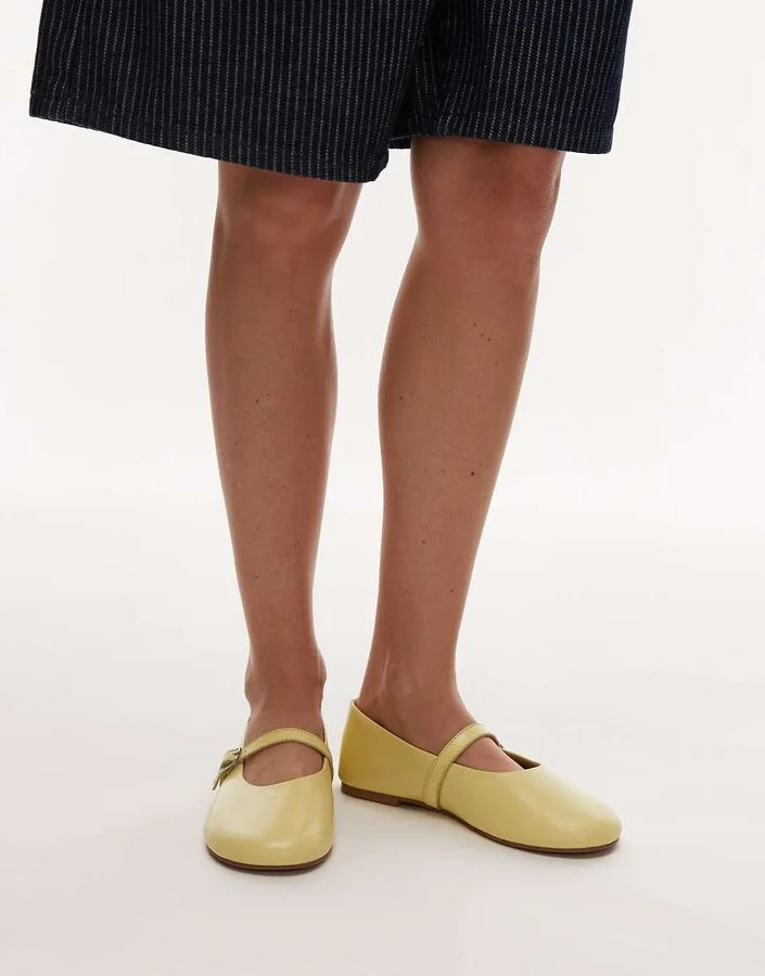 Topshop Ash real leather ruched ballet flat shoes with buckle in pale yellow
