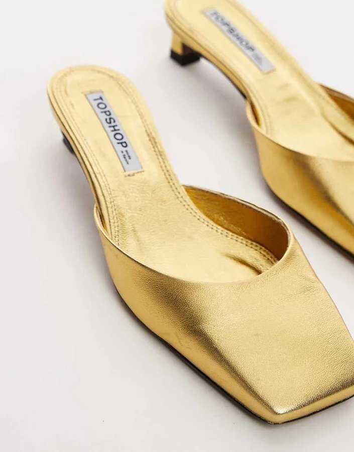 Topshop Audrey premium leather mid heeled square toe mules in gold - Image 4