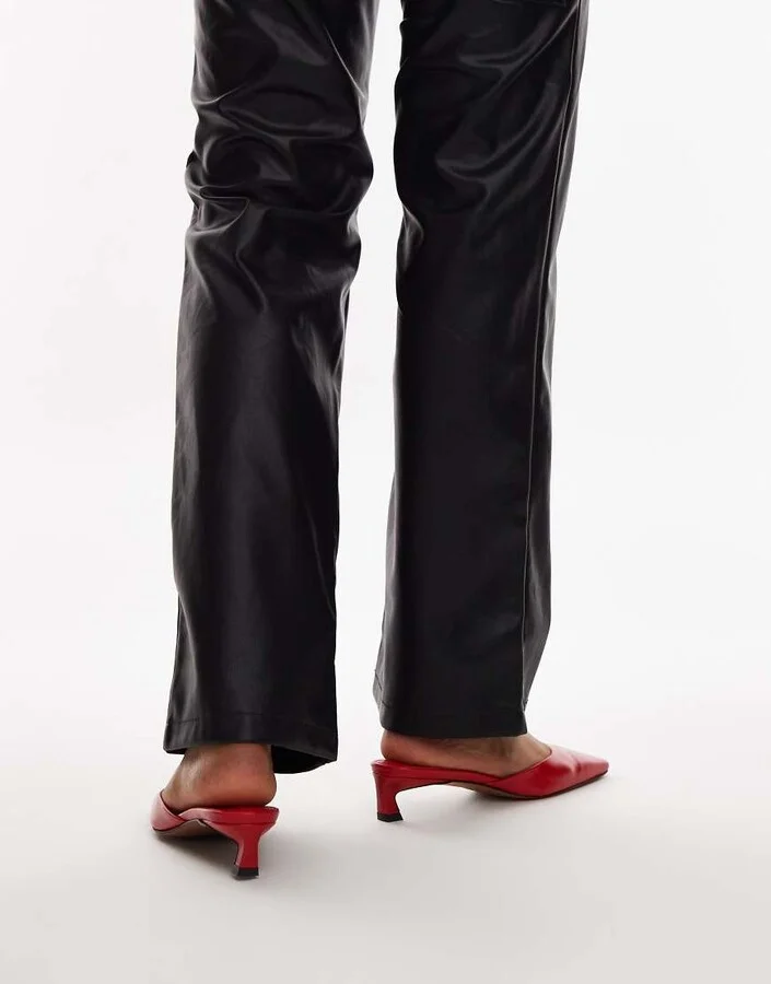 Topshop Audrey premium leather mid heeled square toe mules in red - Image 2