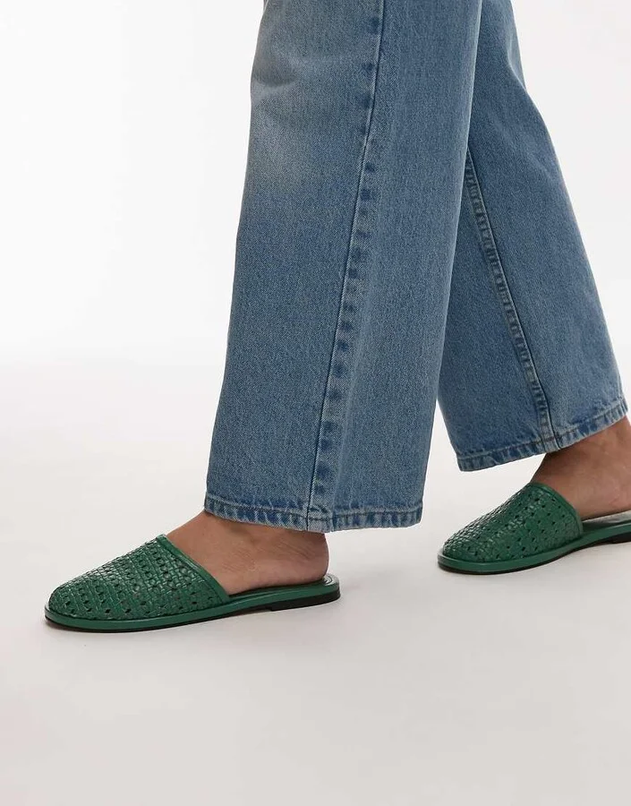 Topshop Bobby leather woven clogs in green - Image 3
