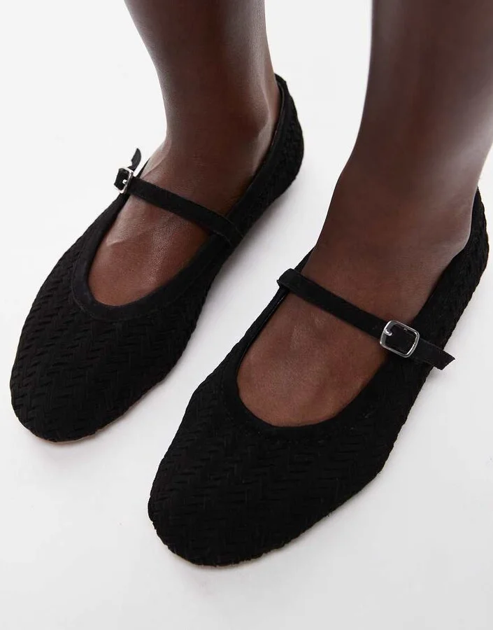 Topshop Bonnie woven Mary Jane ballet flats in black suede - Image 2